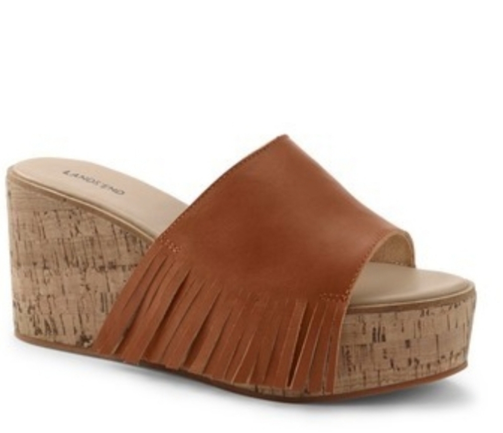 Lands' End Brown Fringe & Cork Wedge Sandals